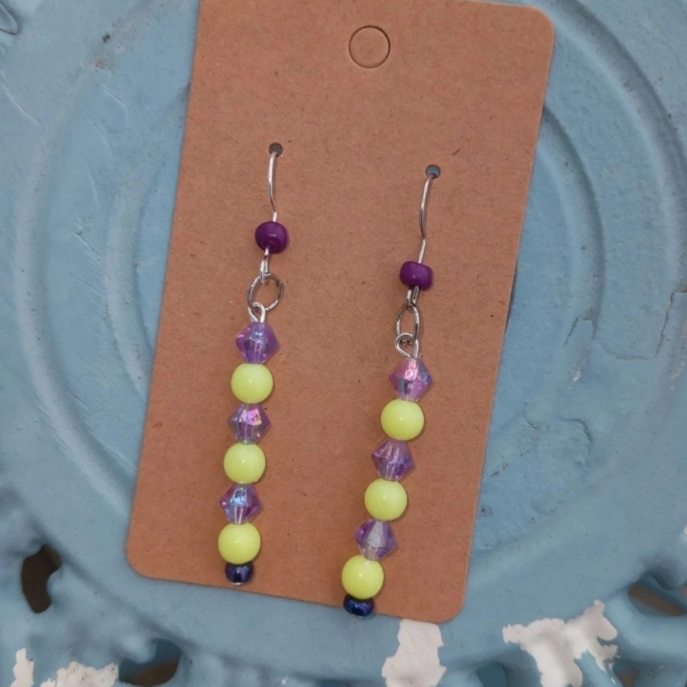 Hand Crafted New purple crystal and lime statement dangling statement earrings